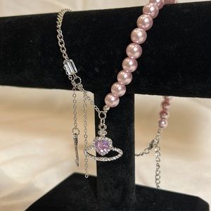 Trendy lavender pearl/chain silver necklace